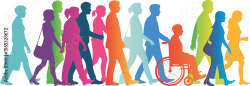 Colorful Silhouettes Diverse Group of People Walking Together, Including a Person in a Wheelchair