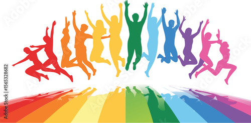 Colorful Silhouettes of People Jumping with Arms Raised in Celebration and Rainbow Reflection Below