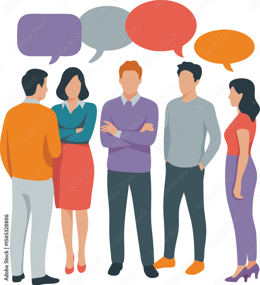 Obraz premium Group Discussion Diverse People Communicating with Colorful Speech Bubbles in a Meeting Illustration