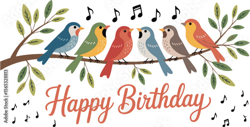 Happy Birthday with Six Colorful Birds on Branch Singing Music Notes, Celebration Card