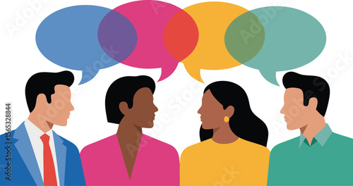 Illustration of Four People in Conversation with Colorful Speech Bubbles on a White Background