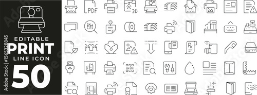 Print set of web icons in line style. Print linear icons collection. Containing printer, ink, paper, document, print settings, printout, press, cartridge. Editable stroke