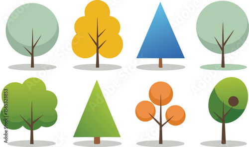 Illustration of Eight Cartoon Trees with Differing Colors and Geometric Shapes on White