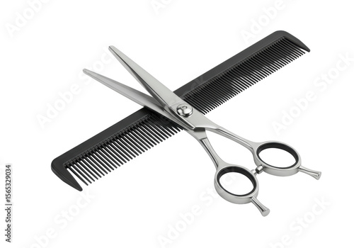 Polished silver hair cutting scissors with ergonomic finger loops crossed over a sleek black comb (fine/wide teeth), on a transparent background, even diffused studio lighting. Concept of