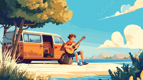 Young Boy Playing Guitar by the Van - Flat Vector Illustration