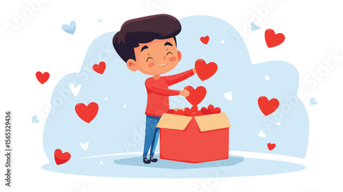 Heartwarming Charity: Boy Putting Hearts into Donation Box - Vector Illustration