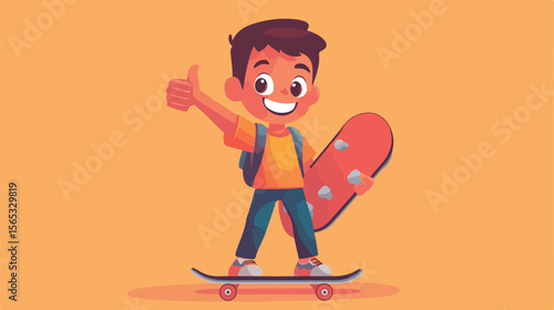 Positive Boy Thumbs Up Holding Skateboard Vector Illustration