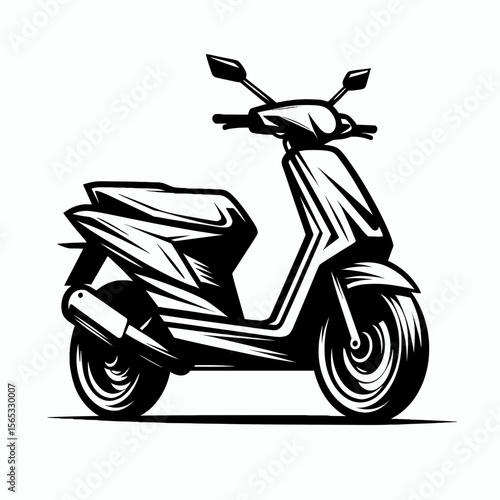 Black and white illustration of a modern scooter in side view  