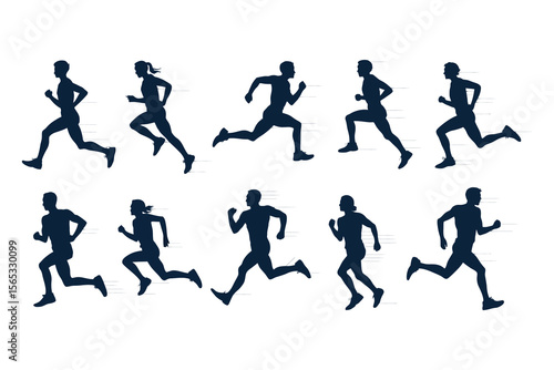 Wallpaper Mural Vector silhouettes of men and women jogging, side view running group in dynamic sporty poses

 Torontodigital.ca