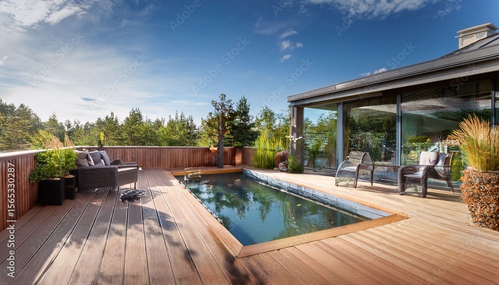 Fototapeta premium modern patio deck with water feature relaxing outdoor space