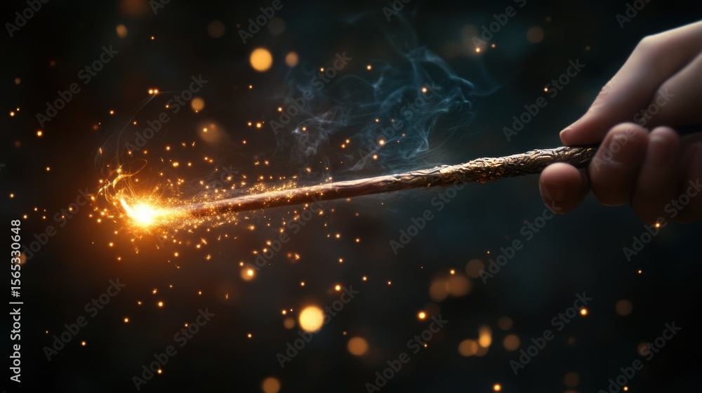 Fototapeta premium A hand holding a wooden wand with bright orange sparks and smoke against a dark blurred background