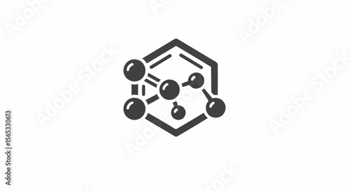 Illustration of a molecule structure with spheres and bonds inside a hexagon outline design element