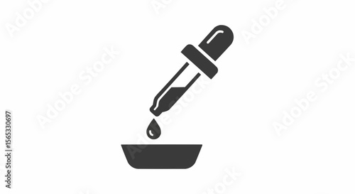 Illustration of a dropper dispensing a liquid substance into a small container or petri dish view