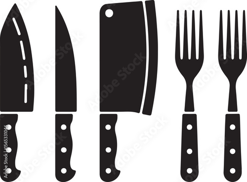 Black Silhouette Kitchen Utensils Set with Knives and Forks