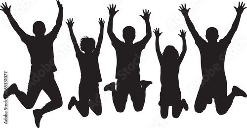 Black silhouette of a family of five jumping with dog illustration design