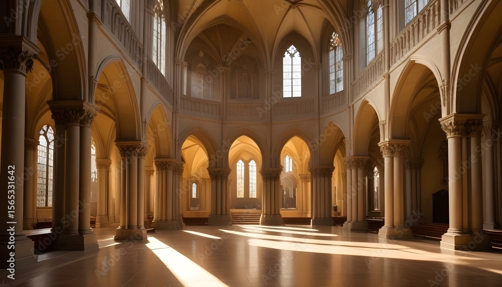 Fototapeta premium The interior of a grand cathedral showcases stunning architecture, bathed in sunlight.