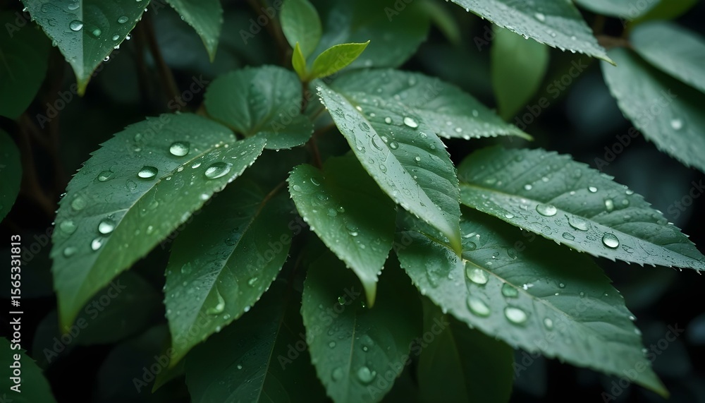 Fototapeta premium Lush green leaves adorned with glistening water droplets, creating a fresh and natural scene.