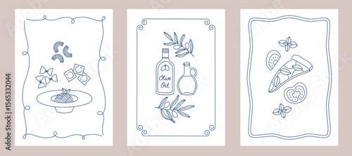 Set of posters with hand drawn outline pasta, olive oil bottles and pizza. Templates for invitation, menu design, wall art print decor. Vector illustration