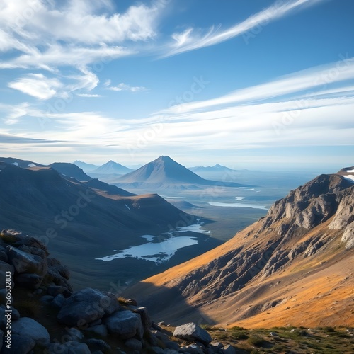 It presents a breathtakingly beautiful mountain landscape with gentle clouds hanging under a clear blue sky.