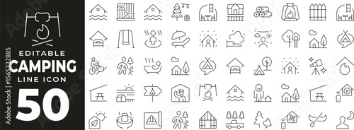 Camping set of web icons in line style. Camping linear icons collection. Containing tent, campfire, backpack, sleeping bag, compass, lantern, hiking boots, outdoor map. Editable stroke