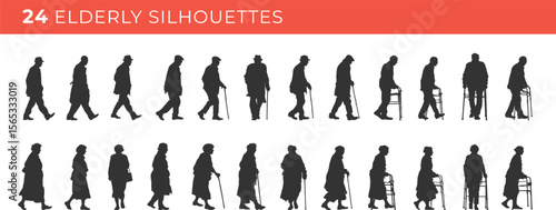 Set silhouettes of elderly isolated on transparent background. Vector illustration