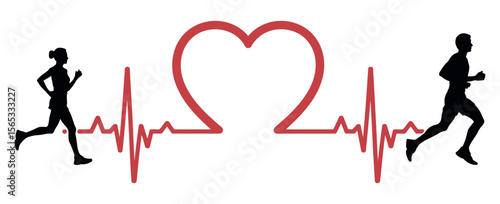 Running, Heart, Healthy Heart. Medical and Health Care Vector Design Templates. Healthy Heart People Running with a Cardiogram. running, cardio, exercise, healthy heart, fitness, wellness, woman, man,