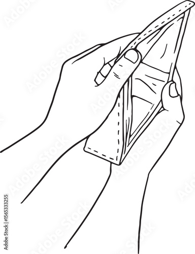 Vector line illustration of hands opening an empty wallet, symbolizing financial issues, poverty, or being broke. Simple black and white outline for economic, debt, or budget concepts.