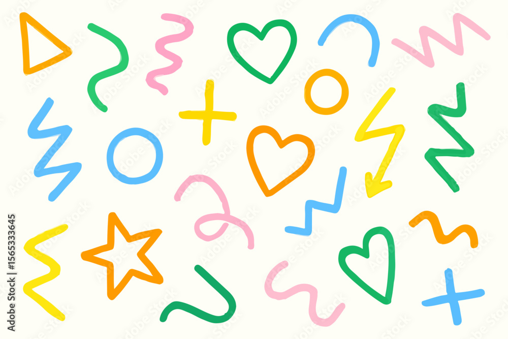 Fototapeta premium Playful Hand Drawn Shapes Pattern in Bright Colors Fun Doodle Design with Hearts Stars Lightning Bolts Circles Zig Zags and Plus Signs