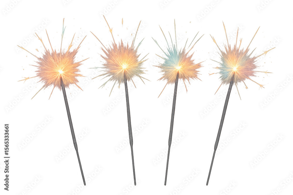 Obraz premium Multicolored burning sparklers against transparent backdrop, illuminating celebratory graphics