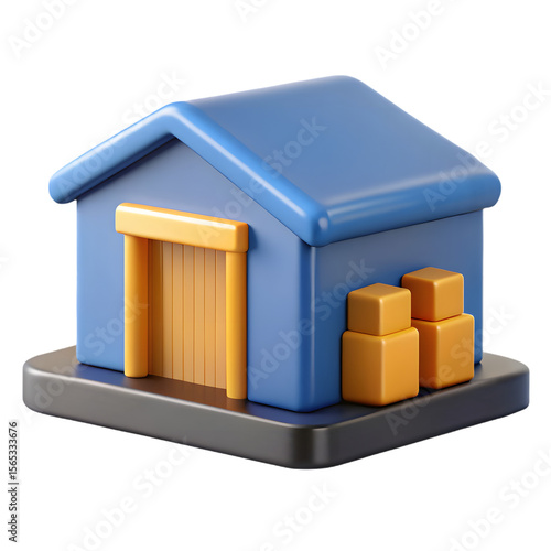 Photo of a blue warehouse building with orange boxes outside, isolated on transparent background, is shown in a 3d rendering