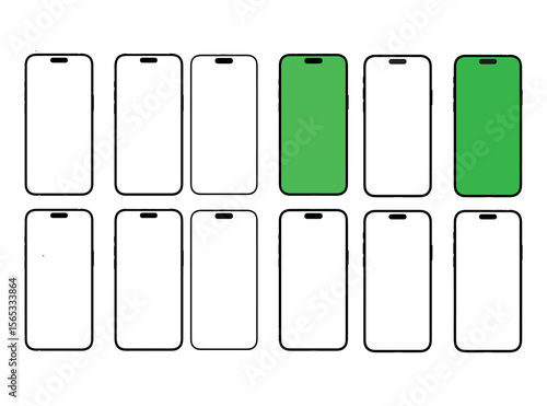 Vector mobile phone mockups - Collection of various unbranded fictional smartphones with blank empty screen. Smartphone Mockups in Black and Green flat lay with shadow and light grey background