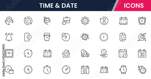 "Vector line icons of clocks, calendars, timers, schedules, deadlines, time zones, reminders, planning tools ideal for apps, websites, and interfaces."