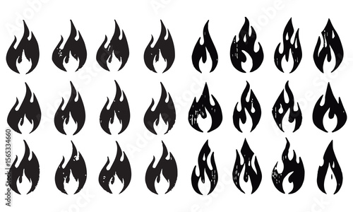 Crayon drawn fire flames icons collection. Hand drawn doodle flames stickers. 