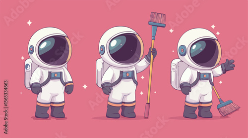 Friendly Astronaut Cartoon Mascot Waving with Broom Character
