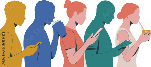 Colorful Silhouettes of People Using Phones and Drinking on a White Background Illustration