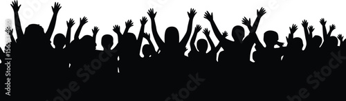 Crowd Silhouette with Raised Hands and Arms, Cheering and Celebrating Against White Background