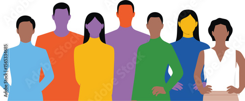 Diverse Group of Abstract People in Colorful Clothes Standing Together on White Background