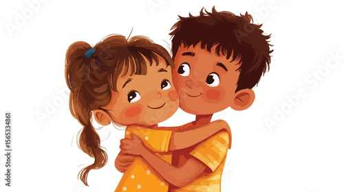 Sweet Brother and Sister Hugging Flat Vector Illustration