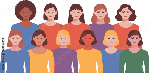 Illustration Diverse Group of Women Standing Together in Solidarity with Various Hair Styles and Colors