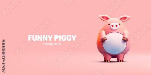 3D character of a funny, pink, friendly pig. Farm animal, fairy-tale character. For advertising and printing. Modern banner. Vector illustration.