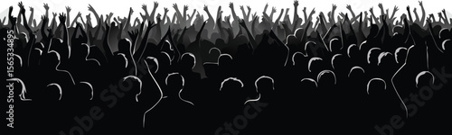 Silhouette Crowd with Hands Raised Celebrates Concert or Protest in Black and White Style