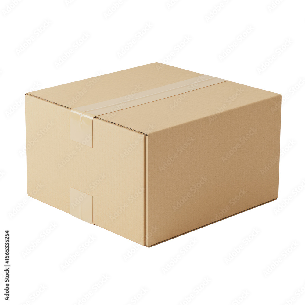 A new, light brown cardboard shipping box, fully closed and sealed with uncreased flaps, centrally positioned on a transparent seamless studio background with shadowless illumination. Concept for A new, light brown cardboard shipping box, fully closed and sealed with uncreased flaps, centrally positioned on a transparent seamless studio background with shadowless illumination. Concept for