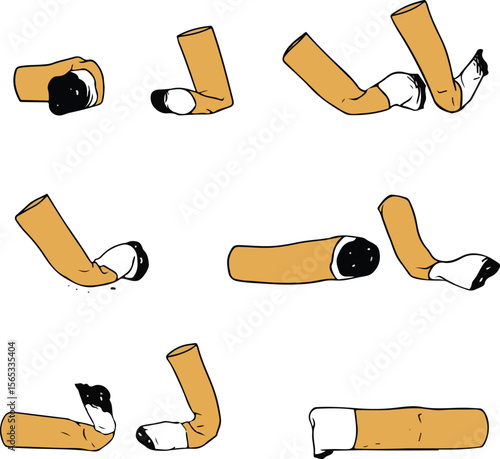 Cigarettes from full to a burnt-out butt. This vector illustration effectively visualizes the stages of smoking or the end of a cigarette. Ideal for health campaigns, anti-smoking messages.