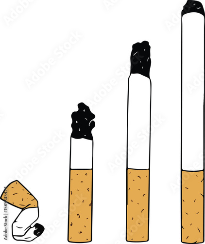 Collection of discarded cigarette butts in various states, from extinguished to crushed. This vector illustration highlights the issue of litter, pollution, and the remnants of smoking.