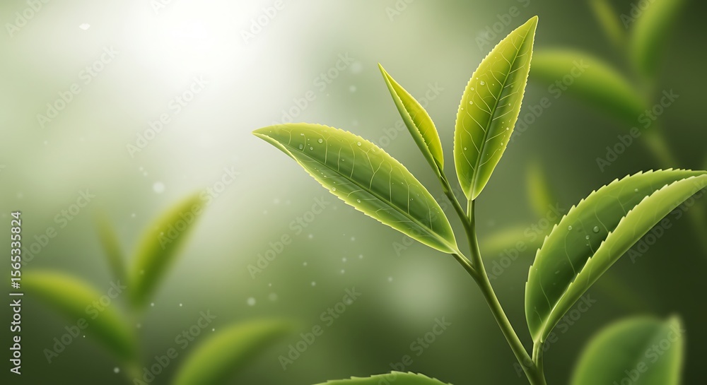 Fototapeta premium Lush Green Tea Leaves in Sunlight A Close-Up View of Nature's Refreshment