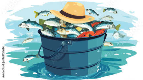 Fishing Equipment Bucket with Fish and Hat