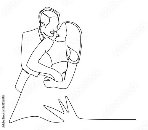continuous line art of a pair of man and woman who are getting married wearing a wedding dress and suit. vector illustration of a wedding dress. wedding concept