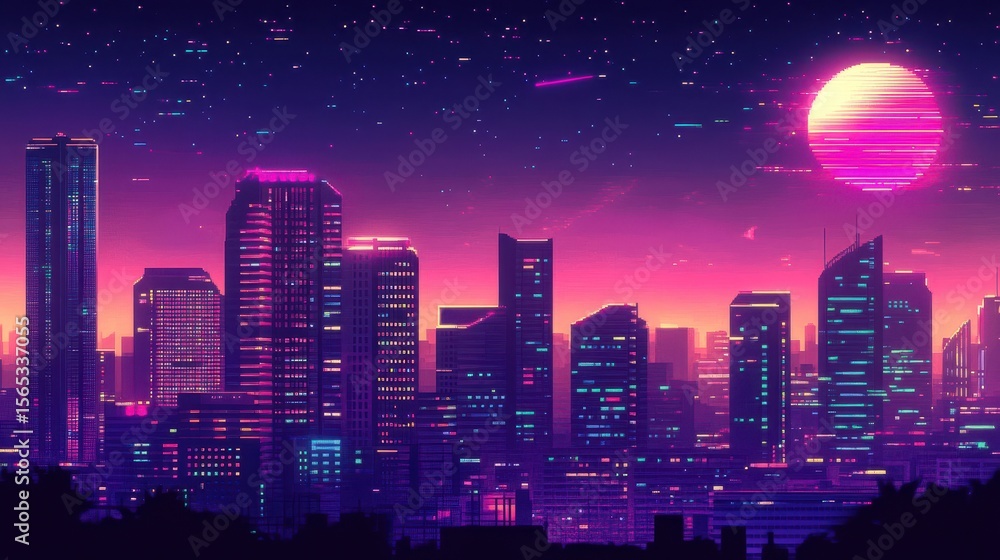 Fototapeta premium Neon cityscape at twilight.
