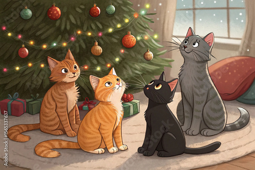Four cute cats sitting near a decorated christmas tree with presents underneath