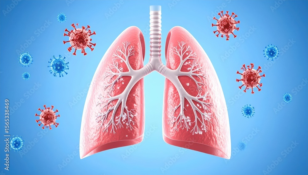 Anatomical lungs and trachea are shown with several red and blue coronavirus cells around on a light blue background Anatomical lungs and trachea are shown with several red and blue coronavirus cells around on a light blue background